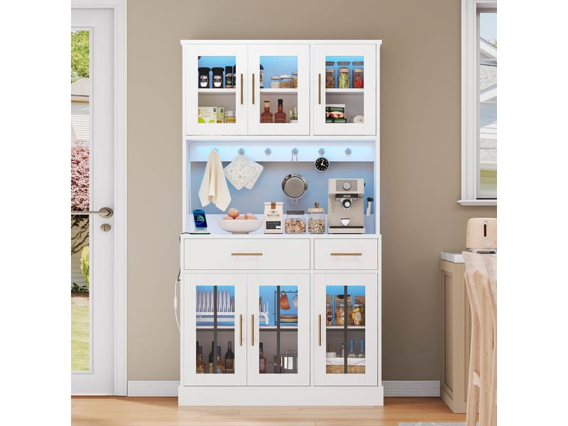  Buffet vaisselier haut 100x40x180cm avec led et prises | style moderne en mdf et verre trempé | rangement cuisine avec tiroirs - blanc  - Conforama C