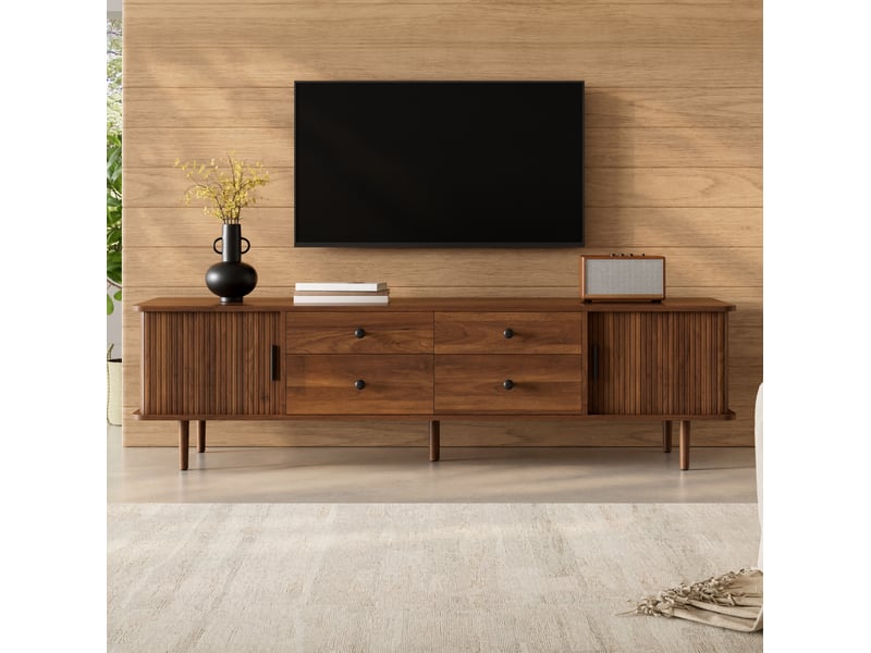  Meuble tv bas 165 x 40 x 46 cm – noyer – 4 tiroirs, 2 portes coulissantes, rangement généreux  - Conforama E