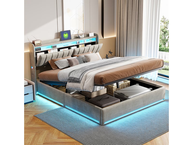  Lit 140x190 avec sommier, led et ports usb, rangement hydraulique + rangement tête de lit, velours gris, style moderne  - Conforama B