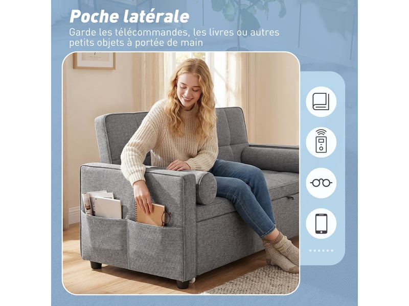 Canapé convertible 2 places 3 en 1 canapé-lit avec lit gigogne double dossier réglable 2 coussins gris 80,5x137,5x84cm - Conforama W