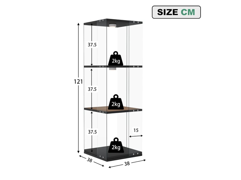  Vitrine tournante - 38x38x121cm - 360° avec 3 niveaux, étagères en verre, éclairage tactile tap light - noir  - Conforama E