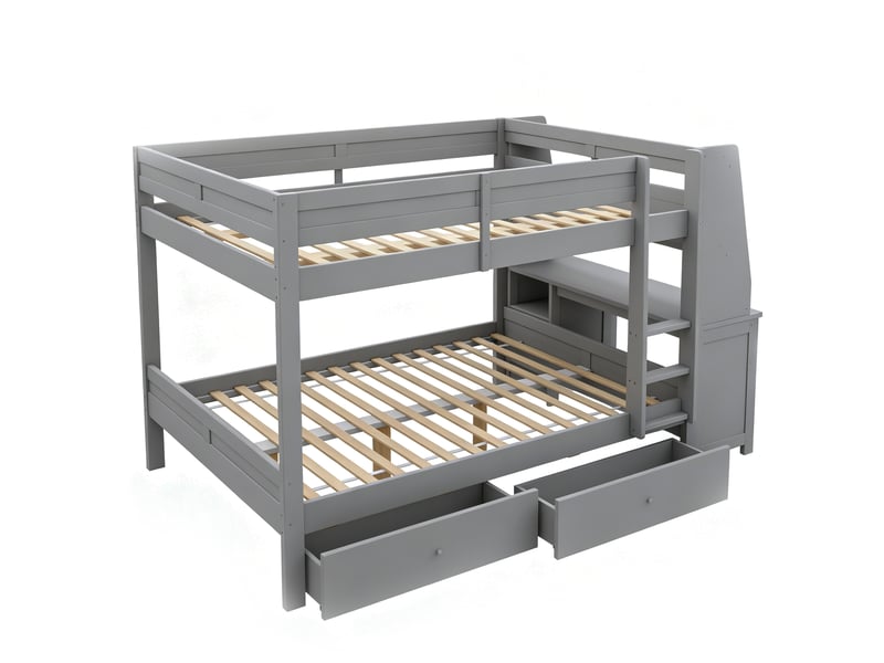  Lit superposé pour enfants de 140 x 200 cm, équipé d'un meuble de rangement, d'un bureau, d'une étagère et de tiroirs, gris  - Conforama E