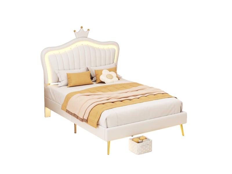  Lit simple pour enfant 90x200 cm - lit avec cadre de lit couronne et led - cuir pu + mdf + métal - sans matelas - blanc  - Conforama A