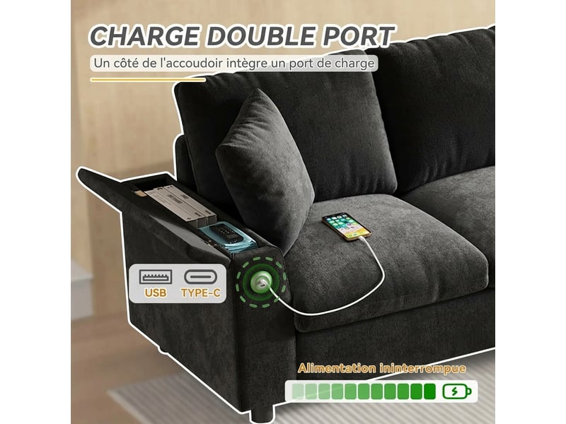  Canapé d'angle en chenille gris 4 places avec rangement - table rabattable, usb &amp; porte-gobelets  - Conforama R