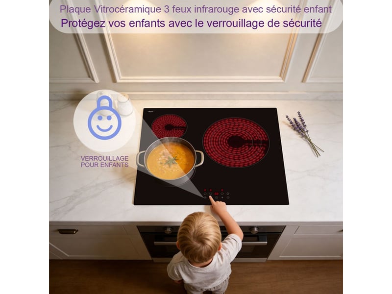  Table de cuisson vitroceramique 3 zones triple anneau 5700w encastrable commande tactile 9 niveaux minuteur 99 min  - Conforama D