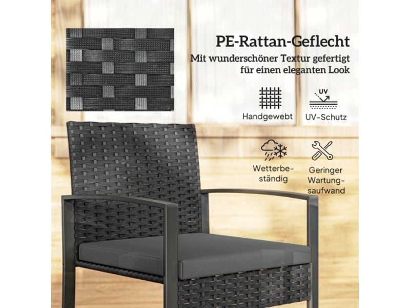  Salon de jardin,3 pièces avec coussins amovibles,rotin synthétique,gris foncé  - Conforama E