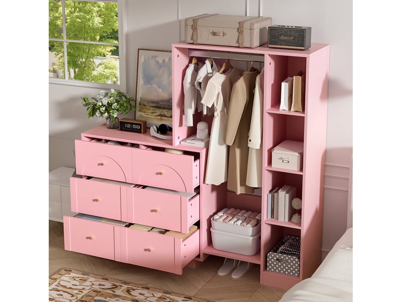  Armoire multifonction 139x35x133 cm 6 tiroirs panneau de particules métal rose  - Conforama E