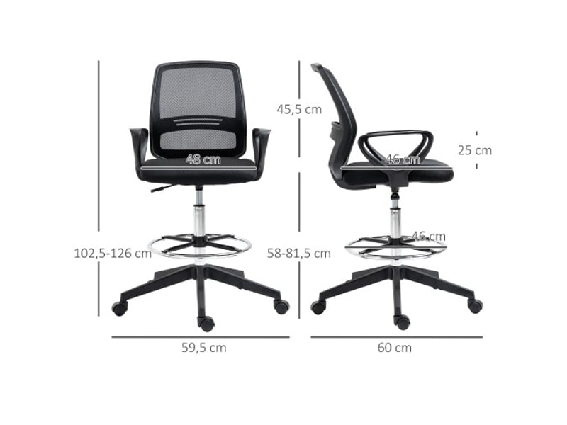  Chaise assis-debout ergonomique pivotante, repose-pieds, métal noir, réglable 102,5-126 cm  - Conforama C