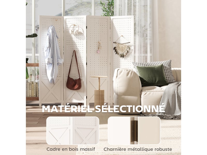  Paravent intérieur en bois 4 panneaux séparateur de pièce pliable panneau perforé blanc 152 x 1,7 x 144,5 cm  - Conforama E