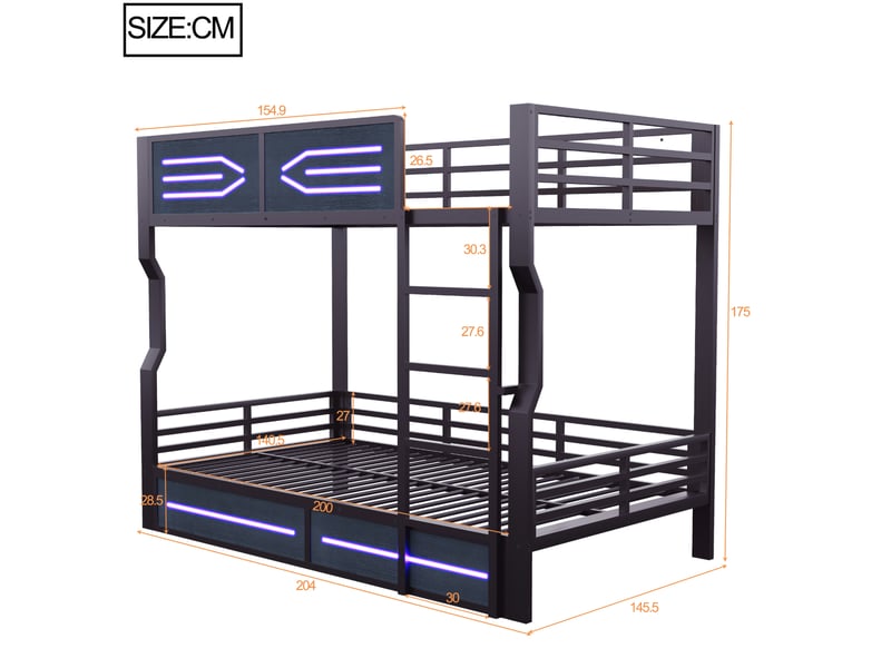  Lit superposé 140x200 cm avec led et échelle droite noir  - Conforama C