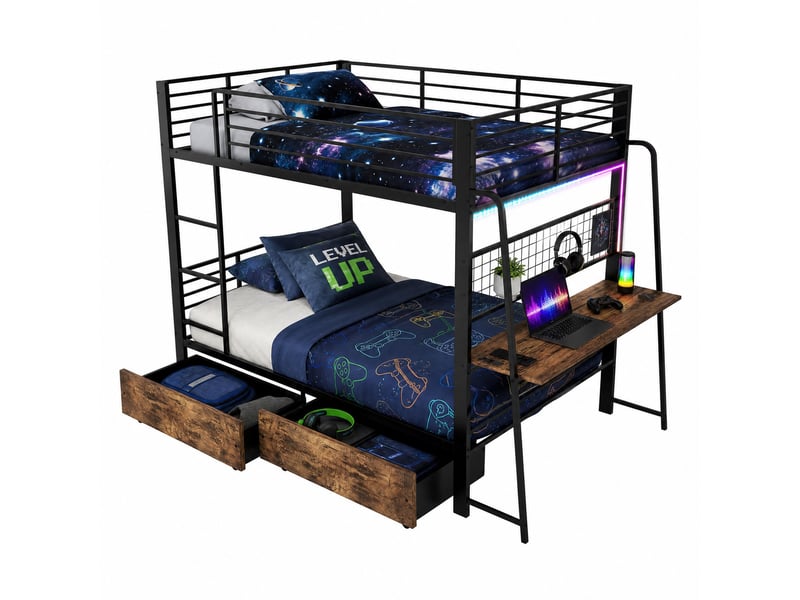  Lit superposé 140 × 200 cm avec bureau, 2 tiroirs, led, prises, échelle et barrières pour chambre 237 × 145 × 170 cm  - Conforama A