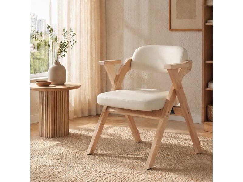  Chaises de salle à manger pliantes lot de 2 avec accoudoirs  - bois massif, lin beige  - Conforama C