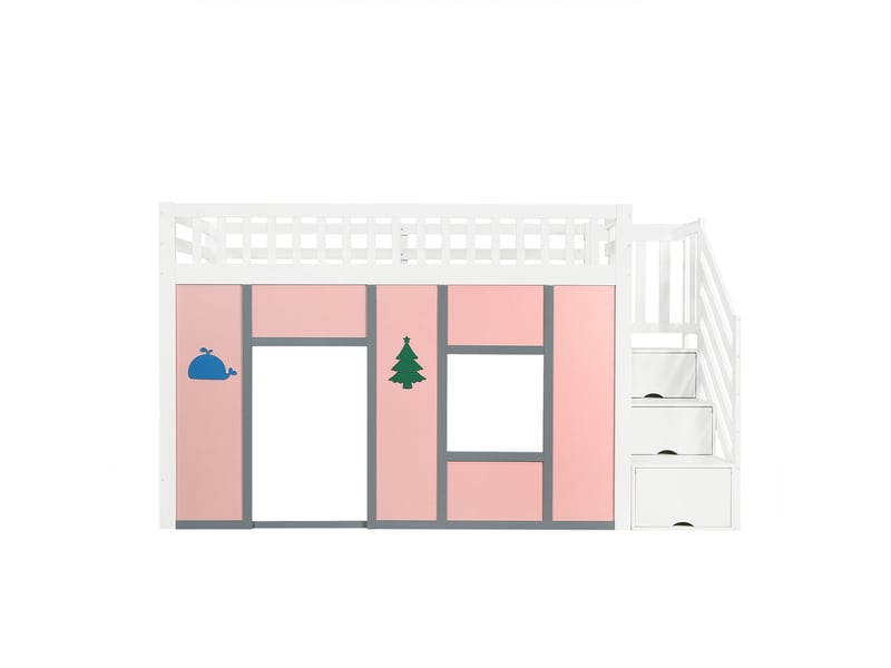  Lit mezzanine enfant 90x200 cm blanc et rose, escalier rangement, led et espace de jeu  - Conforama A