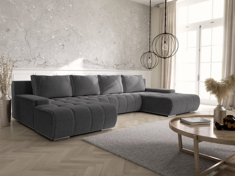  Canapé d'angle convertible velutti u velours côtelé poso gris foncé, forme u avec coffre  - Conforama B