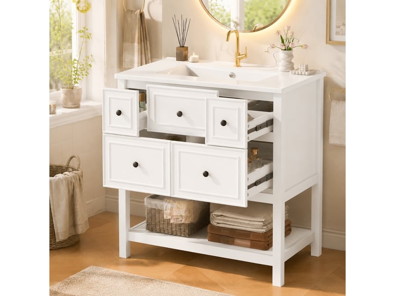  Meuble vasque 76 cm sur pied, meuble salle de bain blanc en mdf laqué avec vasque en céramique intégrée, 5 tiroirs et étagère, 76x46,5x82cm  - Conforama C