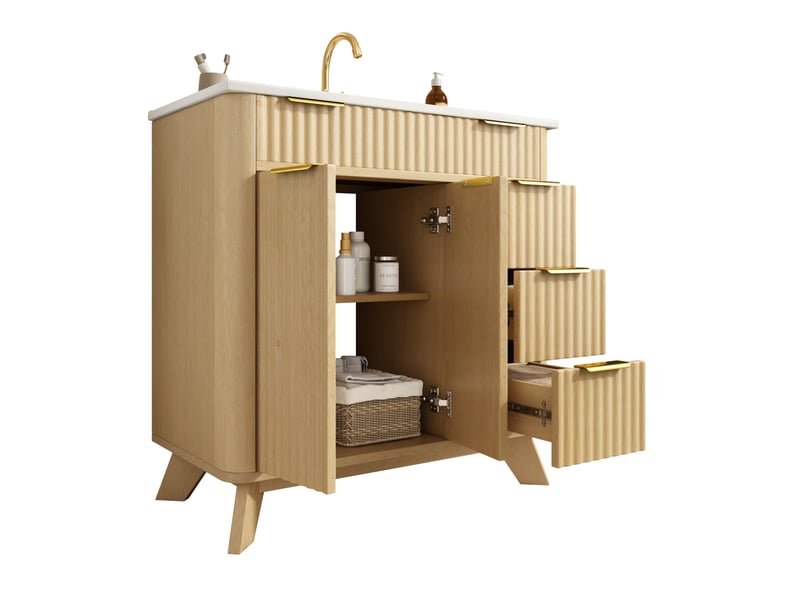 Meuble sous vasque avec 3 tiroirs et 2 portes à fermeture douce, en mdf naturel, pour salle de bain 81 × 47 × 90 cm - Conforama A