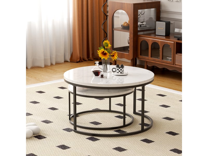  Lot de 2 tables basses blanc et noir effet marbre avec structure en fer  - Conforama B