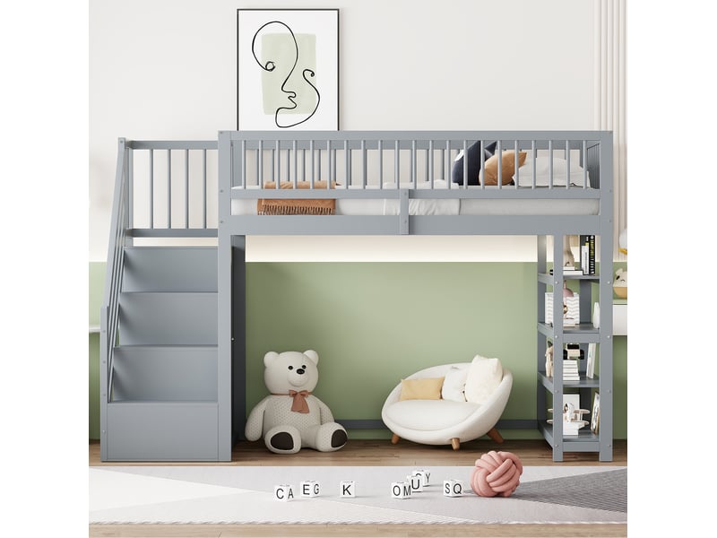  Lit mezzanine enfant 90 x 200 cm avec armoire, étagères et rangement gris  - Conforama D