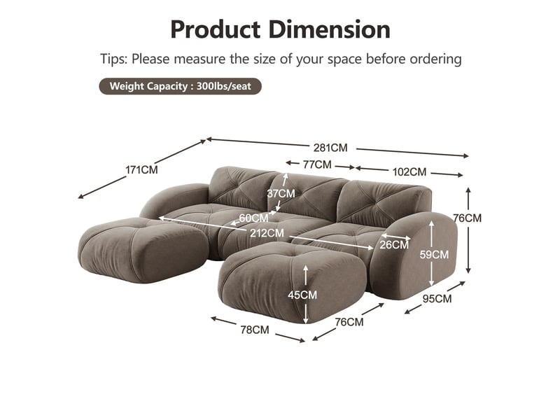  Canapé d'angle modulable en u sans cadre - 3 places + 2 tabourets, tissu confortable, antidérapant, marron  - Conforama C