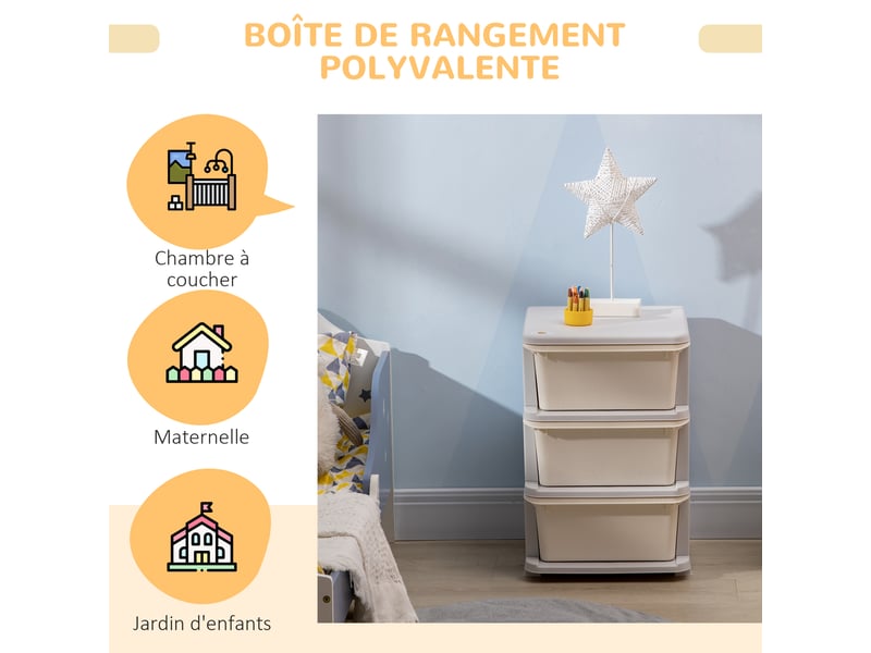  Organisateur de jouets pour enfants avec tiroirs à 3 niveaux, boîtes de rangement en plastique, crème, 37 x 37 x 56,5 cm  - Conforama R