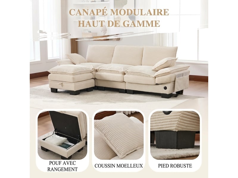  Canapé 3 places velours côtelé modulable avec pouf - port usb-c intégré, poches latérales, beige  - Conforama D