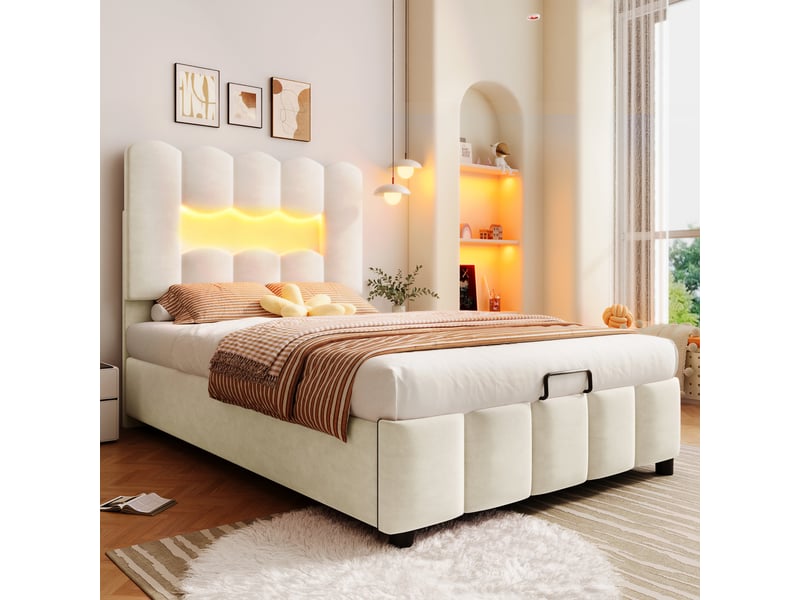  Lit rembourré 90 x 200 cm sans matelas, éclairage led, coffre hydraulique, tête réglable, velours beige  - Conforama E