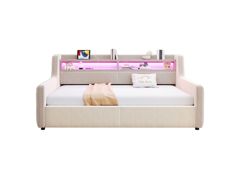  Canapé-lit 90 x 200 cm beige avec rangement hydraulique, led, étagère, prises et sommier à lattes  - Conforama A