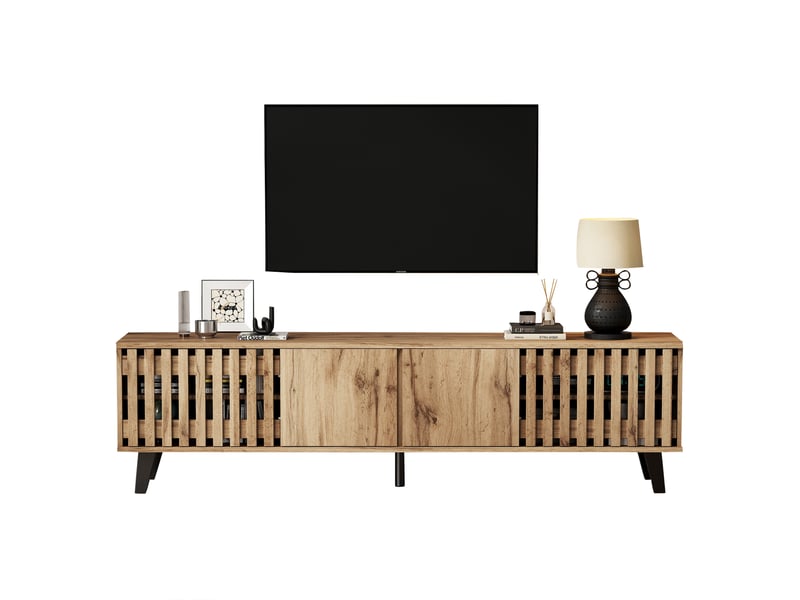  Meuble tv 180x40x55 cm, 8 compartiments, pour téléviseur jusqu’à 70 pouces, coloris naturel  - Conforama A