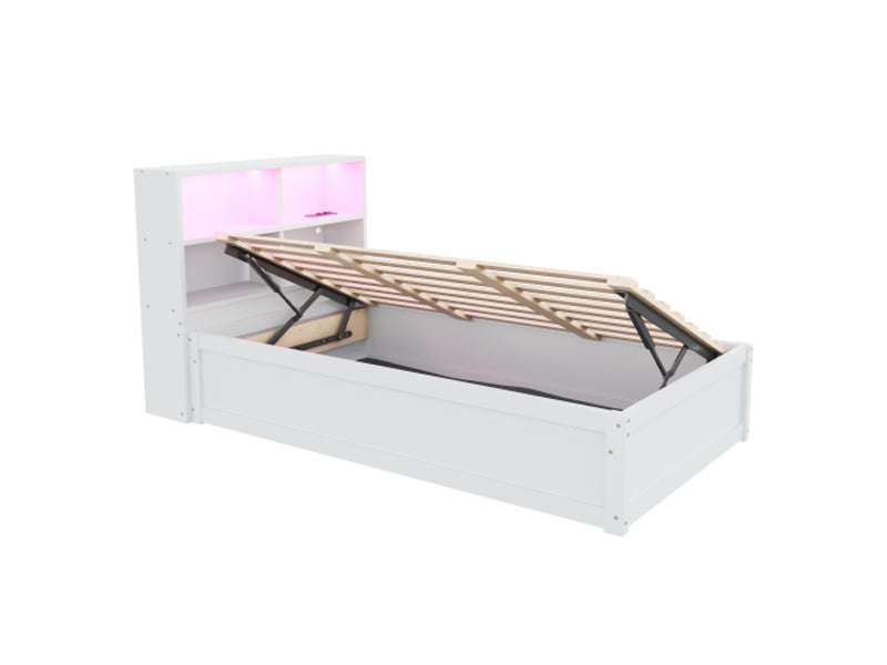 Canapé-lit 90x200 cm blanc, bois massif, lit hydraulique, rangement et multiprise, bande lumineuse, multifonctionnel - Conforama A