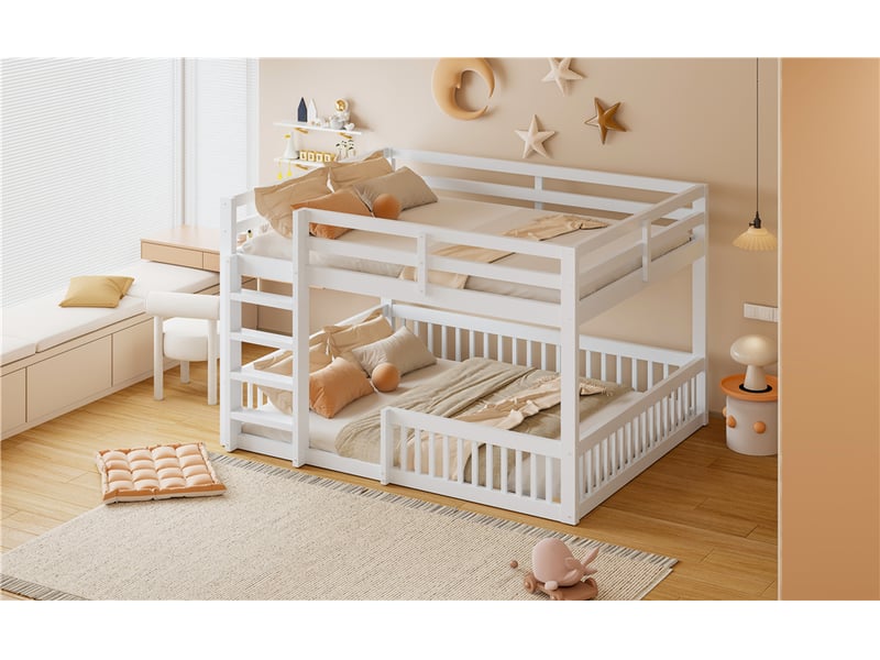  Lit superposé 160 × 200 cm, 2 couchages, échelle, garde-corps et sommier à lattes, pin, mdf et contreplaqué, blanc  - Conforama B