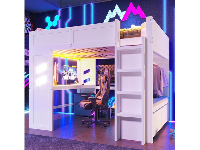 Lit mezzanine 140x200 cm avec bureau, led, rangements et échelle, blanc - Conforama B