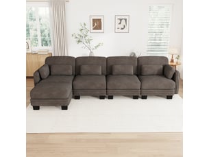 Canapé d'angle modulable - 4 places - forme l - 1 ottoman - coussins d'accoudoirs - tissu chenille - mobilier de salon - brun
