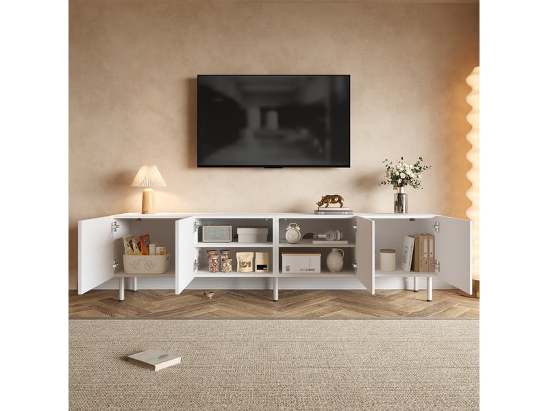  Meuble tv 170x35x50 cm - façade ondulée 3d, 4 portes push-to-open, pieds cylindriques en métal, pb et mdf - blanc  - Conforama B