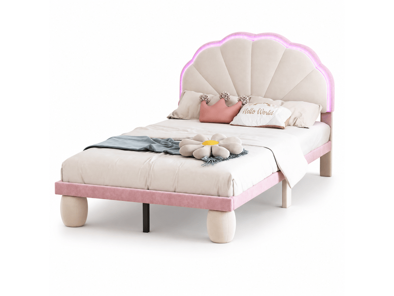  Lit enfant rembourré 90x200 cm avec led multicolore, tête de lit ondulée, sommier à lattes et pieds rembourrés, velours, beige et rose  - Conforama A