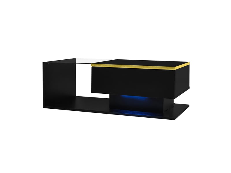 Table basse 90x50x32,5 cm led, plateau verre trempé, rangement pratique et compartiment, panneau de particules, noir  - Conforama A