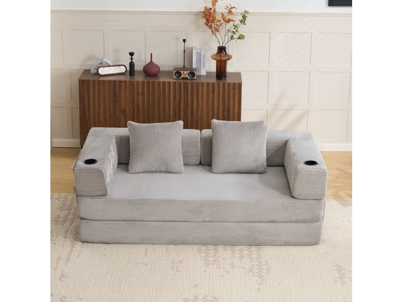  Canapé convertible au sol, canapé compressé avec dossier oreiller, accoudoirs et porte-boisson, lit sommeil gris clair en velours côtelé  - Conforama D