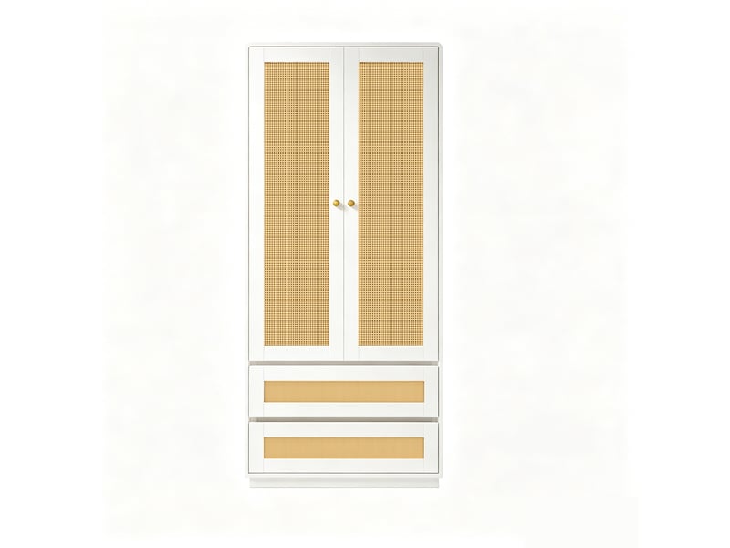  Armoire de chambre 70 x 55 x 170 cm avec tiroirs et étagères, façades imitation rotin, grande rangement, design moderne, blanc Sol Morn - Conforama E