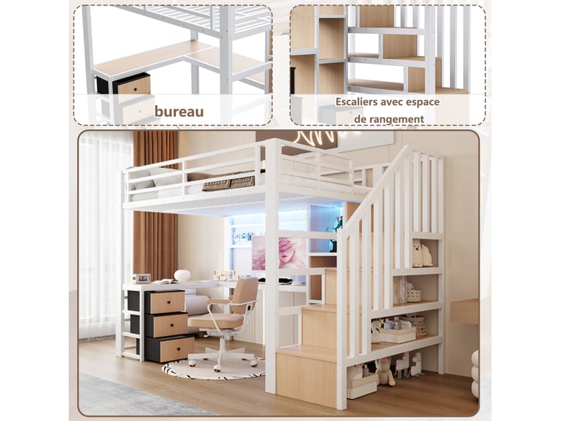Lit mezzanine 90x200 cm avec 4 tiroirs, lit enfant simple, led, bureau, escalier, rangement, métal, blanc sans matelas  - Conforama R