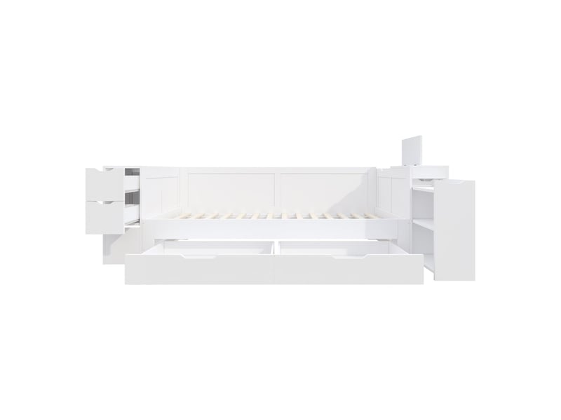  Lit coffre 90x200, rangement intégré lit une personne, tiroirs coulissants, sommier inclus, blanc frais  - Conforama E