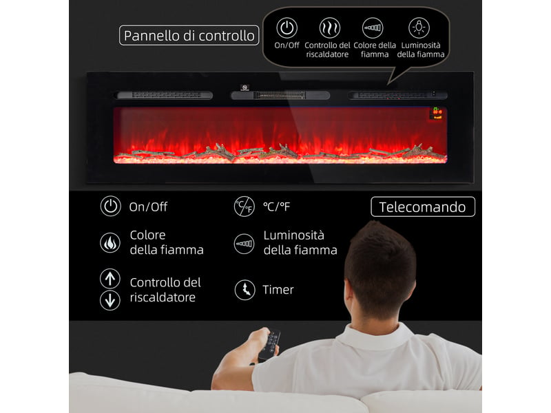 Cheminée électrique murale 1800 w, encastrable, acier noir et verre trempé - Conforama W