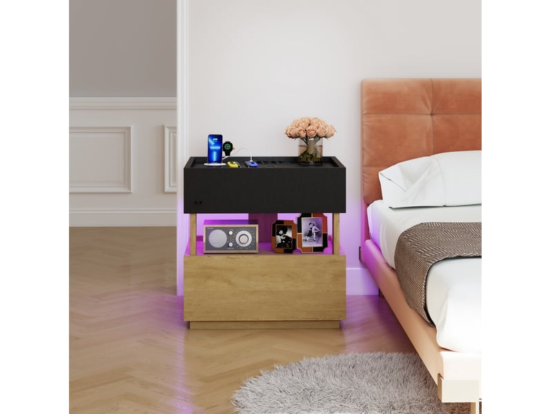  Table de chevet avec charge sans fil, led, usb et 2 tiroirs 50x40x50 cm noir naturel  - Conforama R