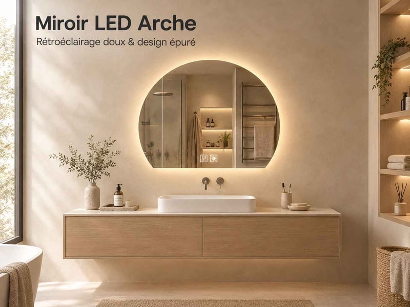  Miroir salle de bain led forme arche 50 × 43 cm, éclairage 3 couleurs à intensité variable et fonction antibuée tactile  - Conforama B