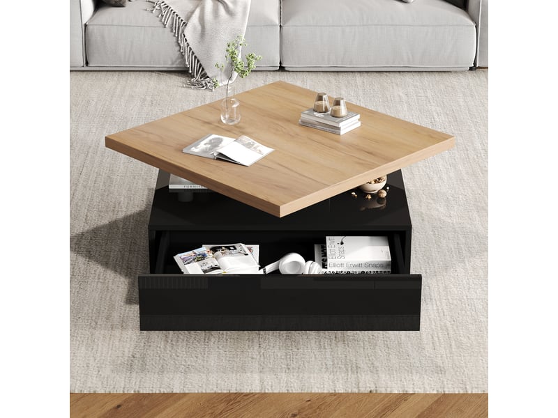  Table basse carrée pivotante 360° avec tiroir, table de salon 70x70 cm, finition noir brillant et noyer  - Conforama C