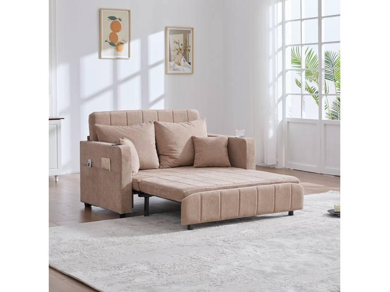  Canapé-lit convertible 2 places en tissu kaki avec usb, porte-gobelets et poche de rangement pratique au quotidien  - Conforama E