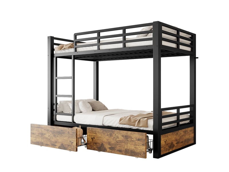 Lit superposé 90 × 200 cm avec deux tiroirs, échelle intégrée et barrières de sécurité en métal noir pour chambre  - Conforama A