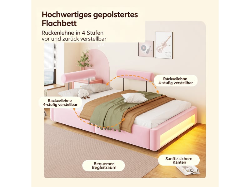  Lit capitonné 140x200 cm avec 2 dossiers réglables 4 positions, éclairage led, velours, rose  - Conforama D