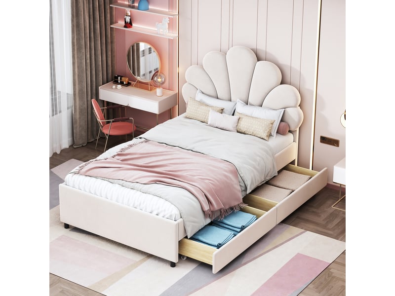  Lit enfant 90x200 cm, tiroirs, espace de rangement, tête de lit réglable, sommier, velours beige, sans matelas  - Conforama W