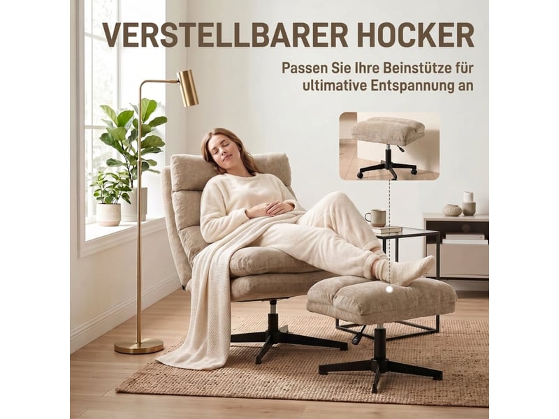  Fauteuil avec pouf pivotant à 360°, pouf réglable en hauteur et assise rembourrée en chenille polyester marron  - Conforama E