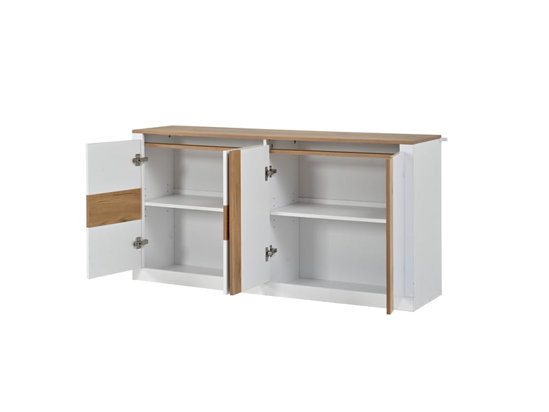 Buffet moderne blanc brillant effet chêne avec 4 portes, led rgb, étagères réglables, mdf 140x35x70 cm - Conforama D