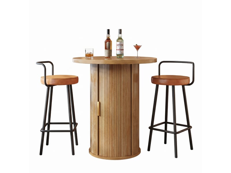  Ensemble bar table ronde avec 2 tabourets, rangement intégré, style moderne en mdf effet bois  - Conforama A